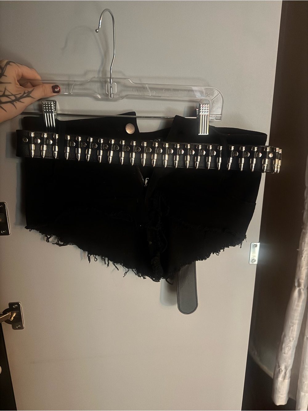 Dolls Kill Black Distressed High-Rise Denim Shorts with Studded Bullet Belt